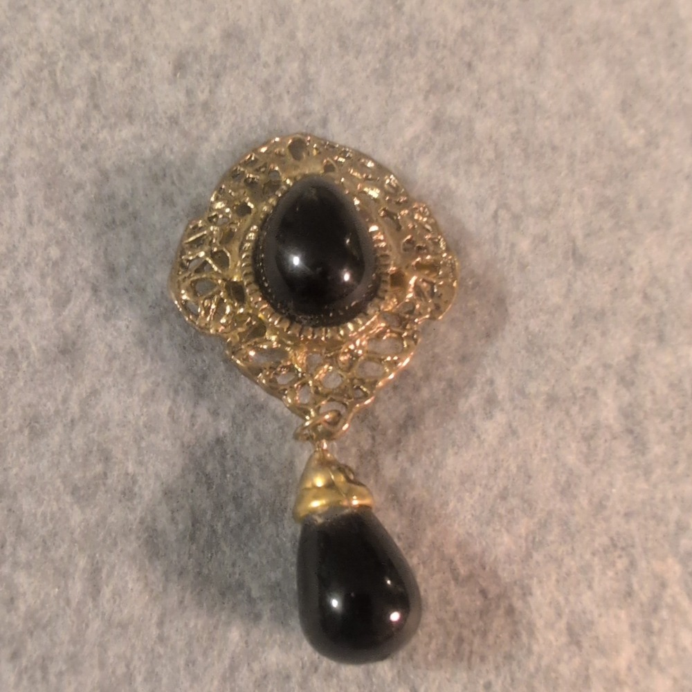 Vintage Gold Tone Dark‎ Green Cabochon Brooch Pin Dangle Pendant Convertible